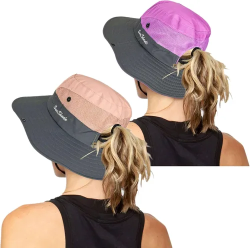 Vista 59 de Sombrero de pesca de playa de ala ancha para mujer, con protección UV, plegable, con agujero para cola de caballo