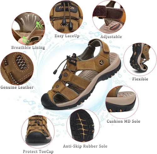 Vista 2 de FLARUT - Sandalias deportivas para hombre, sandalias para senderismo y exteriores, diseño informal de cuero con punta cerrada, sandalias atléticas