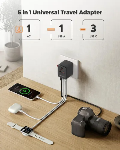 Vista 3 de Adaptador de viaje universal, adaptador de corriente internacional con 3 USB C (PD 20 W), 1 USB A, adaptador de enchufe todo en uno, esenciales