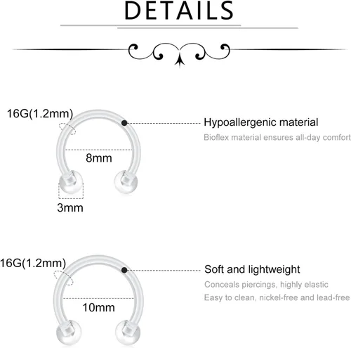 Vista 3 de Piercing para la nariz con pin de hueso Bioflex transparente de 0.71 oz, 0.71 oz, 0.71 oz, para mujeres y hombres