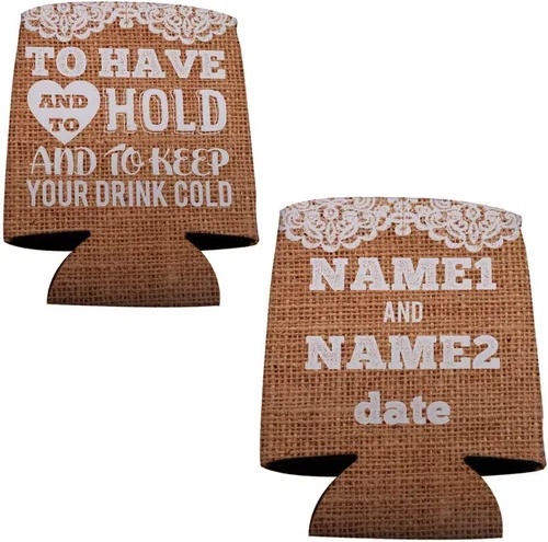 Vista 8 de Enfriadores de latas de boda rústicos personalizados - Diseño de arpillera "To Have and To Hold" - Personalizado con nombres y fecha - Juego de 25