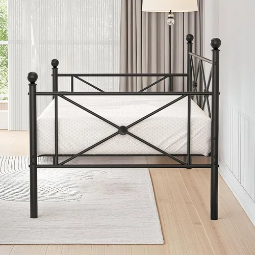 Vista 5 de VECELO Marco de cama de día con cabecero, plataforma de soporte de listones de metal resistente para sala de estar, habitación de invitados, fácil