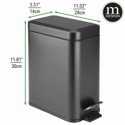 Vista 5 de mDesign Escobilla y soporte para inodoro de metal independiente delgado + papelera de pedal de 5 litros / 1.3 galones de diseño estrecho rectangular