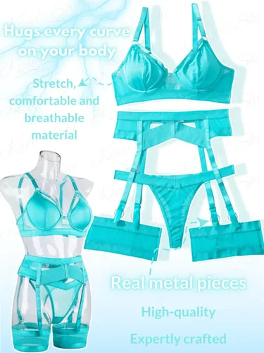Vista 136 de Kaei&Shi - Lencería con liguero para mujer, conjunto de encaje traslúcido y sexy de 4 piezas combinadas