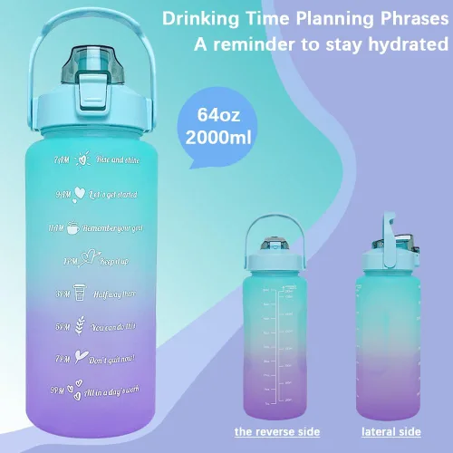 Vista 5 de Botella de agua de gran capacidad de 64 onzas con marcadores de tiempo motivacionales y pajilla, portátil, a prueba de fugas, sin BPA para fitness
