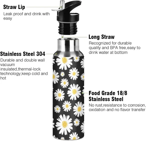 Vista 3 de Daisy - Botella de agua con tapa de popote de 22 onzas, botellas de agua de acero inoxidable aisladas al vacío, botella de agua a prueba de fugas A01