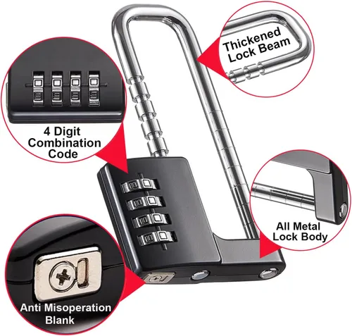 Vista 5 de Candado en forma de U de acero inoxidable, cerradura de combinación con grillete largo ajustable para exteriores, escuela, gimnasio, taquillas