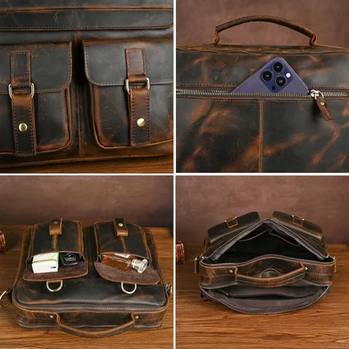 Vista 6 de Bolsa de lona resistente al agua + cuero para negocios, maletín de 14 pulgadas, para laptop, oficina, cartera, para hombres FBB207
