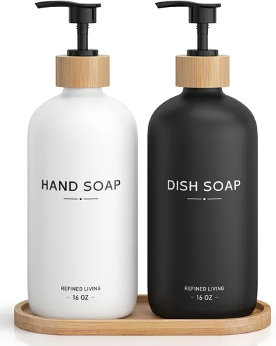 Vista 15 de Dish Soap Dispenser, 16 OZ Glass Kitchen Soap Dispenser with Bamboo Pump and Tray, Refillable Hand Soap Dispenser for Kitchen Countertop, Modern