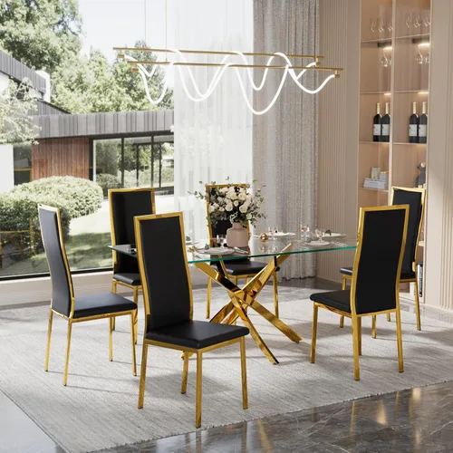 Vista 8 de Juego de 2 sillas de comedor modernas, piel sintética negra con patas de metal dorado cromado, diseño de respaldo alto curvo y acolchado tipo nube