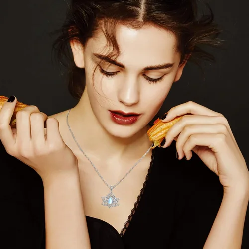 Vista 2 de FLYOW Collar de loto para mujer, plata de ley 925, piedra lunaturquesa, colgante de loto para niñas, aliviar la ansiedad y el estrés, regalos