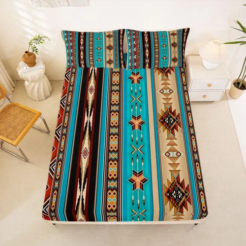 Vista 36 de Juego de ropa de cama de estilo bohemio occidental, tamaño individual, diseño de vaca atrapasueños, sábana bajera ajustable del suroeste, tribu