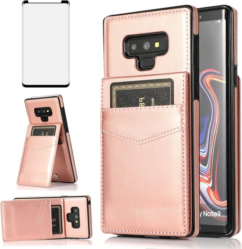 Vista 10 de Funda tipo cartera de piel verde para Samsung Galaxy Note 9 con protector de vidrio templado, tarjetero y función atril