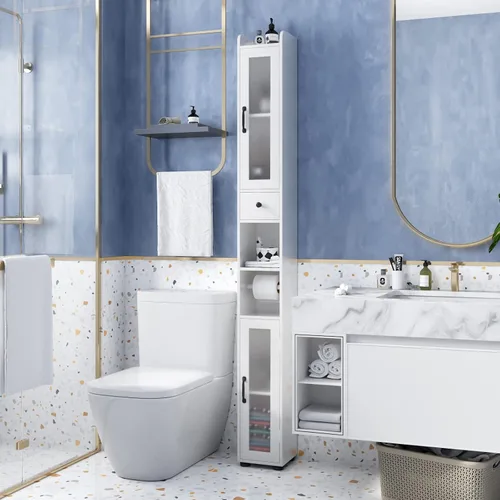 Vista 5 de Maupvit Armario de almacenamiento de baño con 2 puertas de vidrio esmerilado, armario de almacenamiento alto y estrecho con puertas y estantes