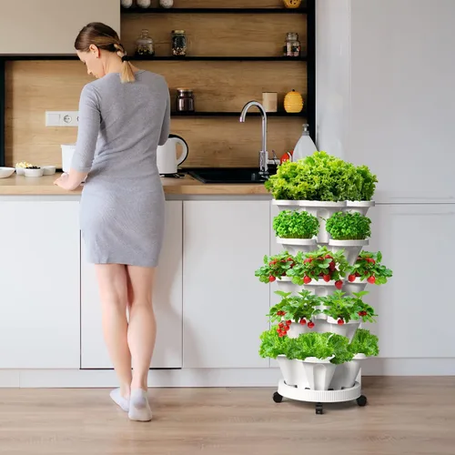 Vista 7 de Macetas verticales de fresa, paquete de 2 unidades, torre apilable de 5 niveles con poste de soporte, macetas apilables para hierbas y verduras
