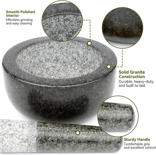 Vista 7 de Mortero de granito negro grande Kota Japón y maja de piedra natural amoladora de especias, condimentos, pastas, pestos y guacamole
