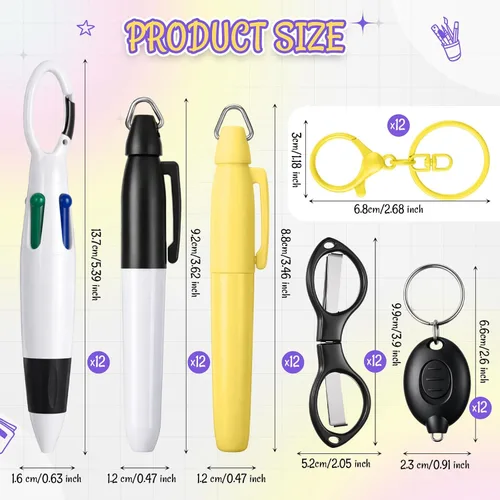 Vista 2 de Glenmal Juego de 72 mini rotuladores para enfermeras con mini tijeras, resaltador, bolígrafo de neón retráctil, llavero, clip, linterna, llavero