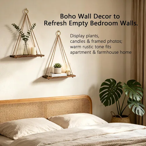 Vista 4 de Juego de 2 estantes colgantes de pared, estilo bohemio, triangular, acabado de madera, montaje en pared, 2 estantes, sala de estar, dormitorio