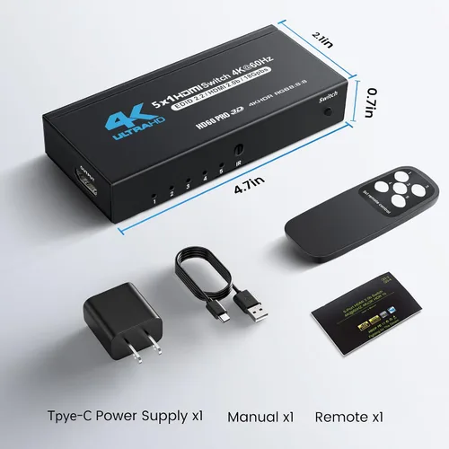 Vista 8 de [Actualización] NEWCARE 4K @60Hz HDMI Switch 5 en 1 salida con cable de carga tipo C, conmutador HDMI con control remoto IR, caja selectora HDMI
