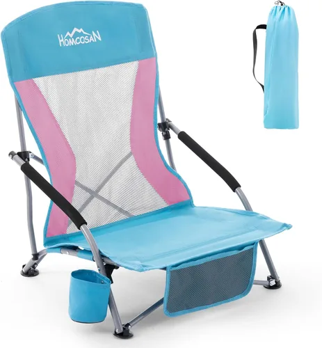 Vista 12 de Homcosan Silla de playa portátil baja plegable con paraguas desmontable, silla de campamento ligera para adultos con portavasos y bolsillo