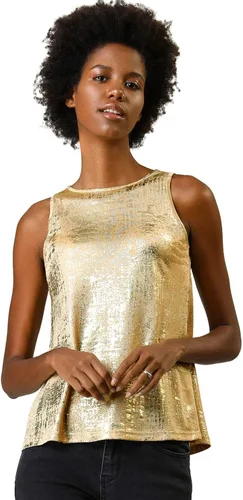 Vista 3 de Allegra K Camiseta sin mangas para mujer, brillante, sin mangas, color metálico, brillante, Metálico