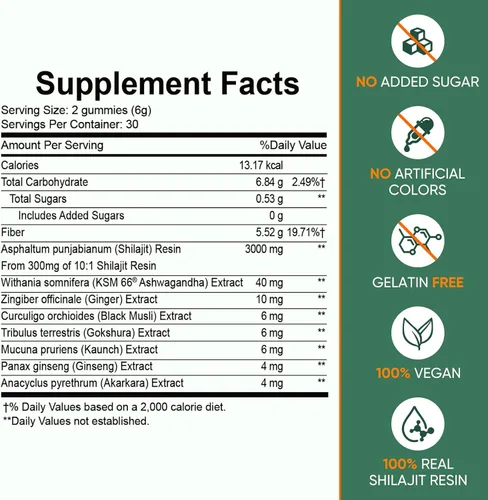 Vista 5 de Gomitas shilajit del Himalaya con ashwagandha, sin azúcar añadida, orgánicas, 75% más de ácido fúlvico y más de 85 minerales traza, para hombres
