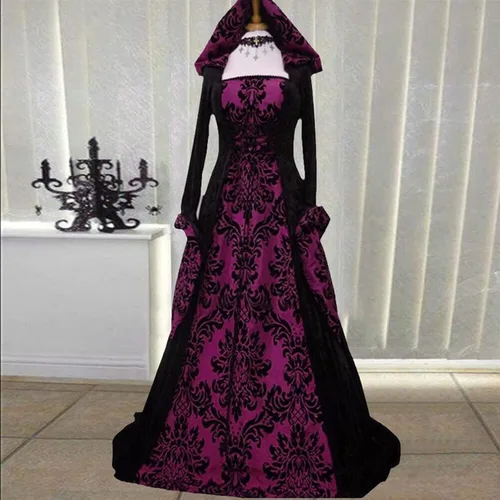 Vista 2 de ZEFOTIM Vestido renacentista para mujer, manga largamurciélago, corsés hasta el suelo con capucha, vestido gótico, cosplay