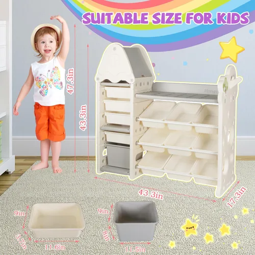 Vista 2 de Organizador de almacenamiento de juguetes para niños de 4 niveles con 14 cubos de juguetes extraíbles, compacto, estilo bohemio, organizador