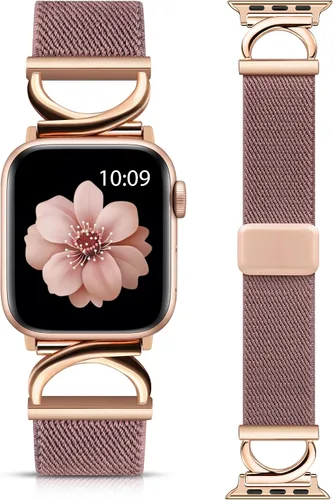 Vista 16 de Minyee Correa magnética elástica compatible con Apple Watch Band de 38/40/41/42/44/45/46/1.929 in para mujer, correa de metal en forma de C