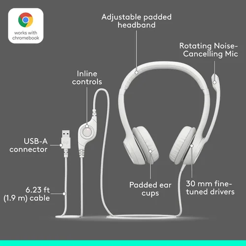 Vista 6 de Logitech H390 Auriculares para juegos, auriculares con cable con micrófono, auriculares USB con micrófono para PC, micrófono con cancelación
