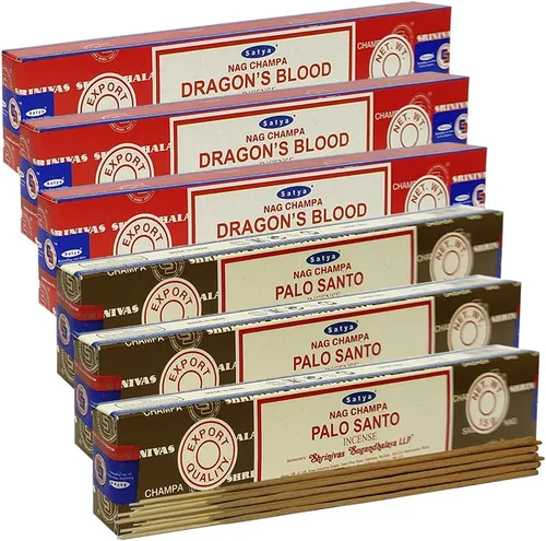 Vista 4 de Varillas de incienso de Sangre de Dragón y Palo Santo con soporte, paquete de variedad de la marca House of Nag Champa y Trumiri