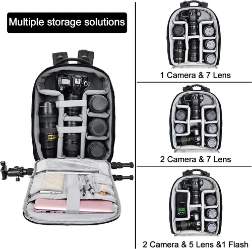 Vista 2 de Cwatcun Mochila profesional para cámara réflex digital con puerto de carga USB, cubierta para lluvia, mochila para computadora portátil de Negro