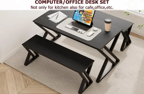 Vista 7 de GAOMON Juego de mesa de comedor de 55 pulgadas para 4-6, juego de mesa de cocina con 2 bancos, juego de mesa de comedor rectangular con marco