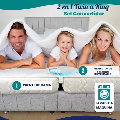 Vista 2 de Convertidor de puente de cama 2 en 1 de tamaño individual a King con protector de colchón impermeable y correas elásticas, relleno de espacio King