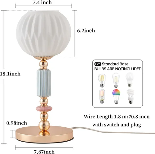 Vista 5 de Moderna lámpara de mesa de cristal blanco leche, lámpara de mesita de noche, lámpara de escritorio de metal con interruptor de cable de enchufe
