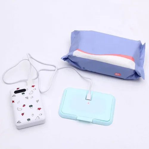 Vista 4 de Portátil USB Wet Wipe Warmer Termostato Temperatura Azul Claro Calor Doble Capas Cubierta Bebé Wet Wipe Calentador