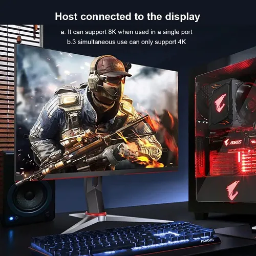 Vista 5 de Divisor DisplayPort 8k 1 en 3 Salida 8K @30Hz 4K @120Hz DP 1.4 Splitter Triple MST SST Hub Adaptador 1x3 Puerto para 1 DisplayPort Ultra HD Fuente a
