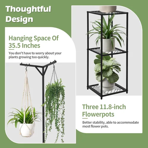 Vista 5 de CZWL&HG Soporte de 3 niveles para plantas colgantes para interiores y exteriores, estante de metal de 67 pulgadas de alto para 5 flores en maceta