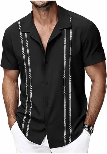 Vista 9 de Camisa de guayabera cubana para hombre, camisa de manga corta con botones, camisas hawaianas casuales de verano, camisas de playa para vacaciones