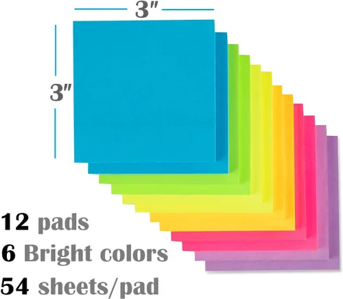Vista 2 de Paquete de 12 notas adhesivas emergentes de 3 x 3 pulgadas, bloc de notas superadhesivas de colores brillantes, 6 colores, adhesivo fuerte