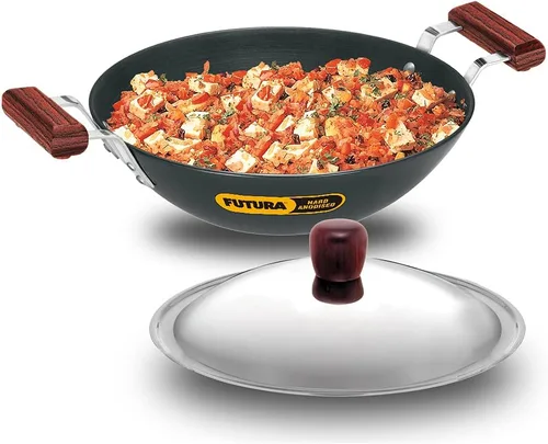Vista 12 de Futura freidora con anodizado duro (Kadhai) con tapa de acero y parte inferior plana, Negro
