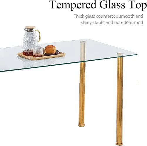 Vista 6 de Juego de comedor de cristal de 5 piezas dorado para 4, mesa de cocina rectangular con 4 sillas de piel sintética, juego de mesa de comedor compacto