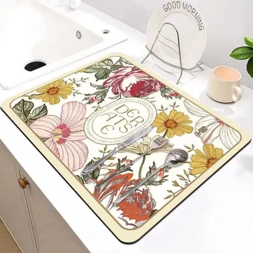 Vista 5 de Tapete de drenaje de estilo fantasía, tapete absorbente para secar platos, almohadillas de secado para encimera de cocina, platos florales vintage