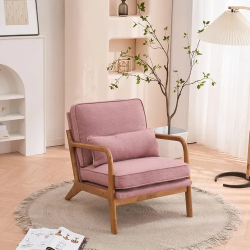 Vista 17 de Bonnlo - Silla de acento moderna de mediados de siglo con tela de lino beige, sillones de descanso con acolchado de madera maciza para sala