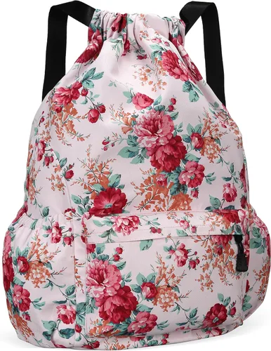 Vista 14 de Mochila con cordón para mujer, bolsa de gimnasio con cordón, resistente al agua, pequeña bolsa de cincha