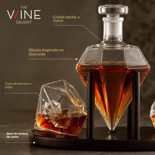 Vista 8 de The Wine Savant - Decantador de whisky en forma de diamante, con 2 copas en forma de diamante, para licor, escocés, ron, bourbon, vodka, tequila