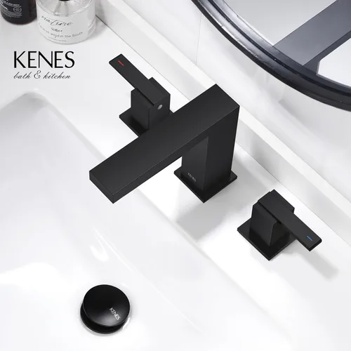 Vista 8 de KENES Grifo de Baño Extendido Negro Mate de Dos Manijas, Grifos de Lavabo de Baño Negro de 3 Orificios, 8 Pulgadas, Grifo de Tocador de Baño de 3