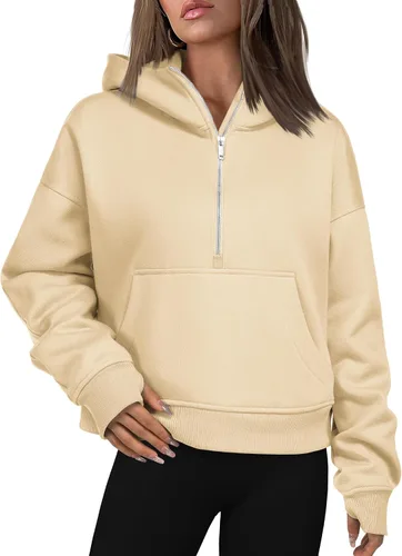 Vista 2 de Zeagoo Sudaderas con capucha corta con media cremallera para mujer, de forro polar, manga larga, para otoño e invierno con bolsillos