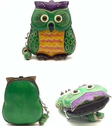Vista 20 de Handmade Vintage Genuine Leather 3D Animal Owl Coin Purse with Removable Wrist Strap (Brown)