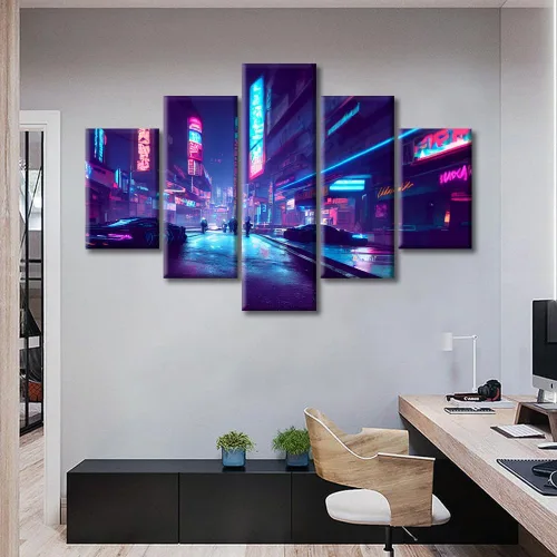 Vista 276 de Cuadros de 5 paneles de Cyberpunk City, arte de pared, representación de vallas publicitarias, edificios modernos en la capital con obras de arte
